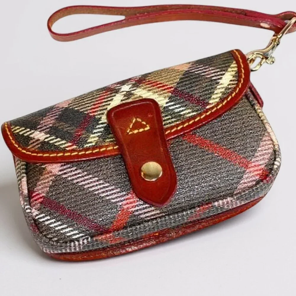 Dooney And Bourke Tartan Plaid Tan And Brown Leather Accent Wristlet